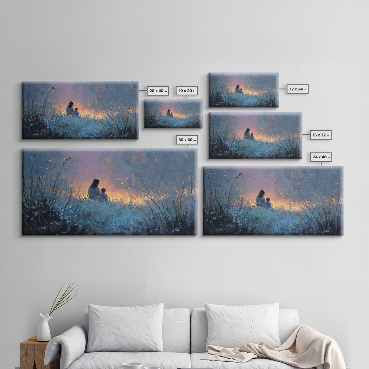 Silhouetted Mother And Child In Glowing Blue Meadow Canvas Print, Moody Wall Art, Celestial Nursery Decor Gift For Mom, Home Decor