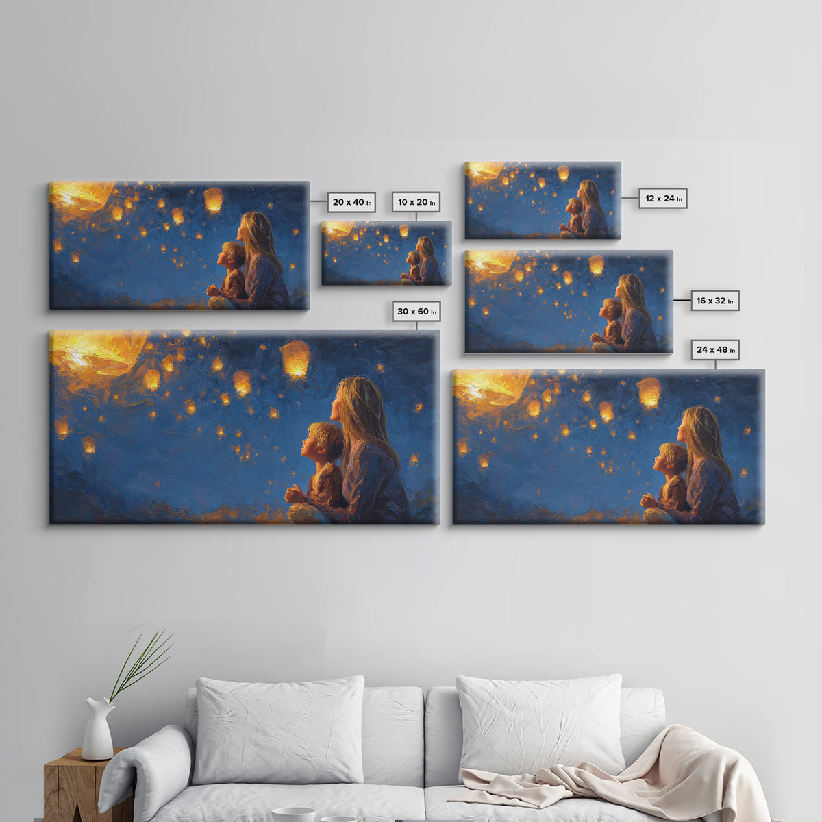 Mother And Child Lantern Night Wall Art, Angelic Family Canvas Print, Celestial Nursery Decor, Gift For Mom, Housewarming Gift