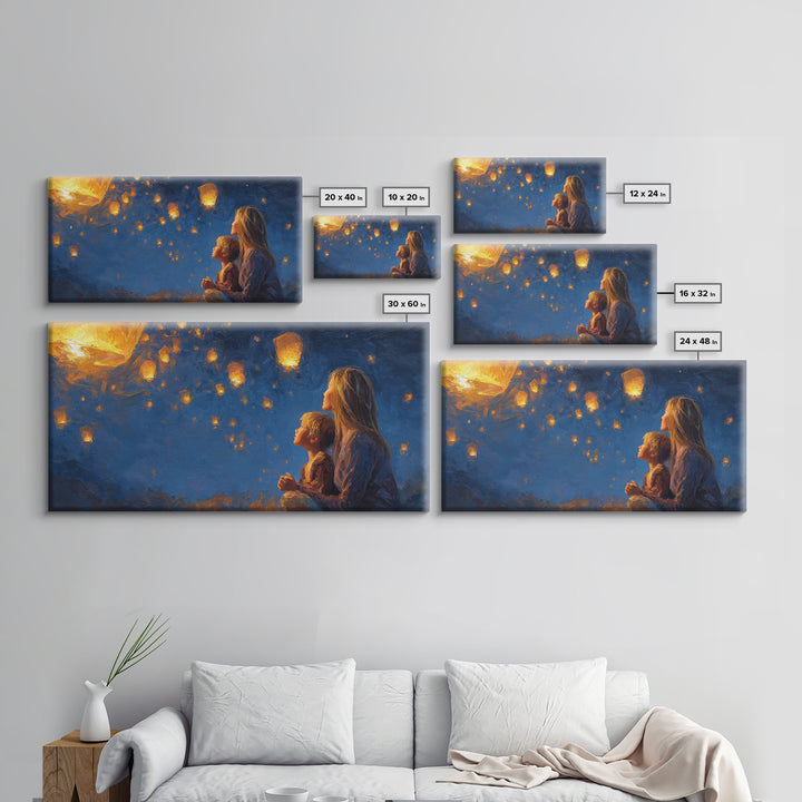 Mother And Child Lantern Night Wall Art, Angelic Family Canvas Print, Celestial Nursery Decor, Gift For Mom, Housewarming Gift