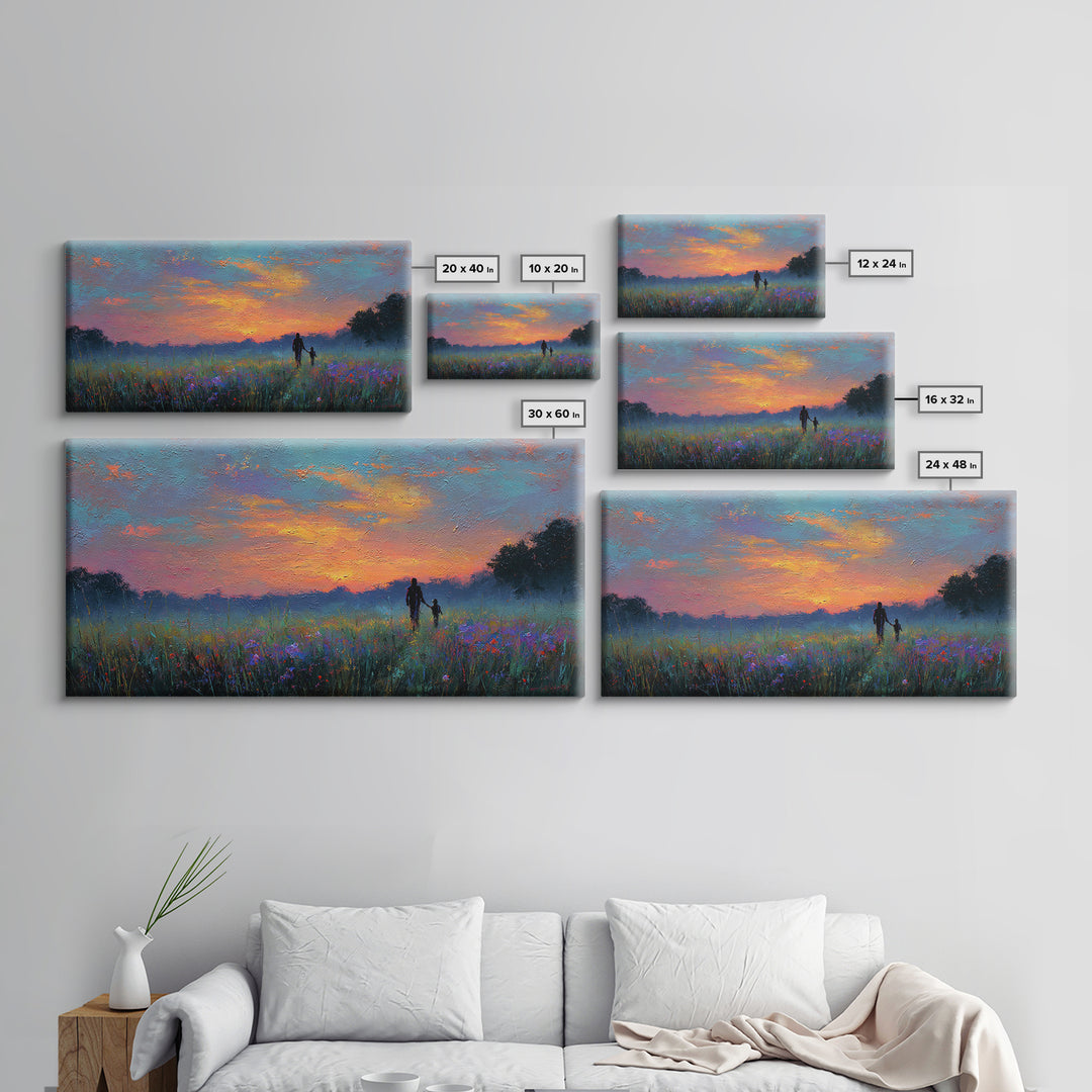 Sunset Meadow Silhouette Framed Canvas Print, Colorful Landscape Wall Art, Mother Child Decor, Living Room Art, Housewarming Gift