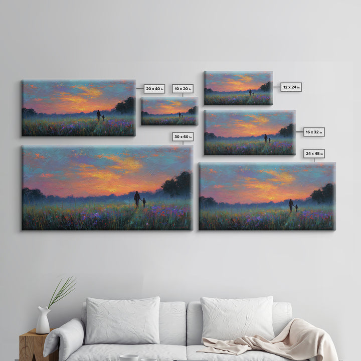 Sunset Meadow Silhouette Framed Canvas Print, Colorful Landscape Wall Art, Mother Child Decor, Living Room Art, Housewarming Gift
