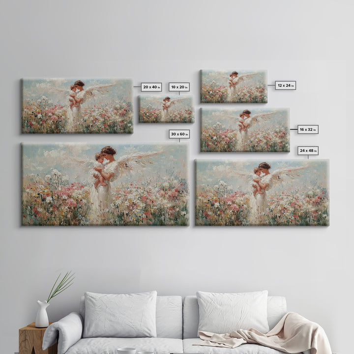 Angel Mother Holding Baby Wall Art, White Wings Wildflower Canvas Print, Spiritual Nursery Decor, Gift For Mom, Christian Wall Art
