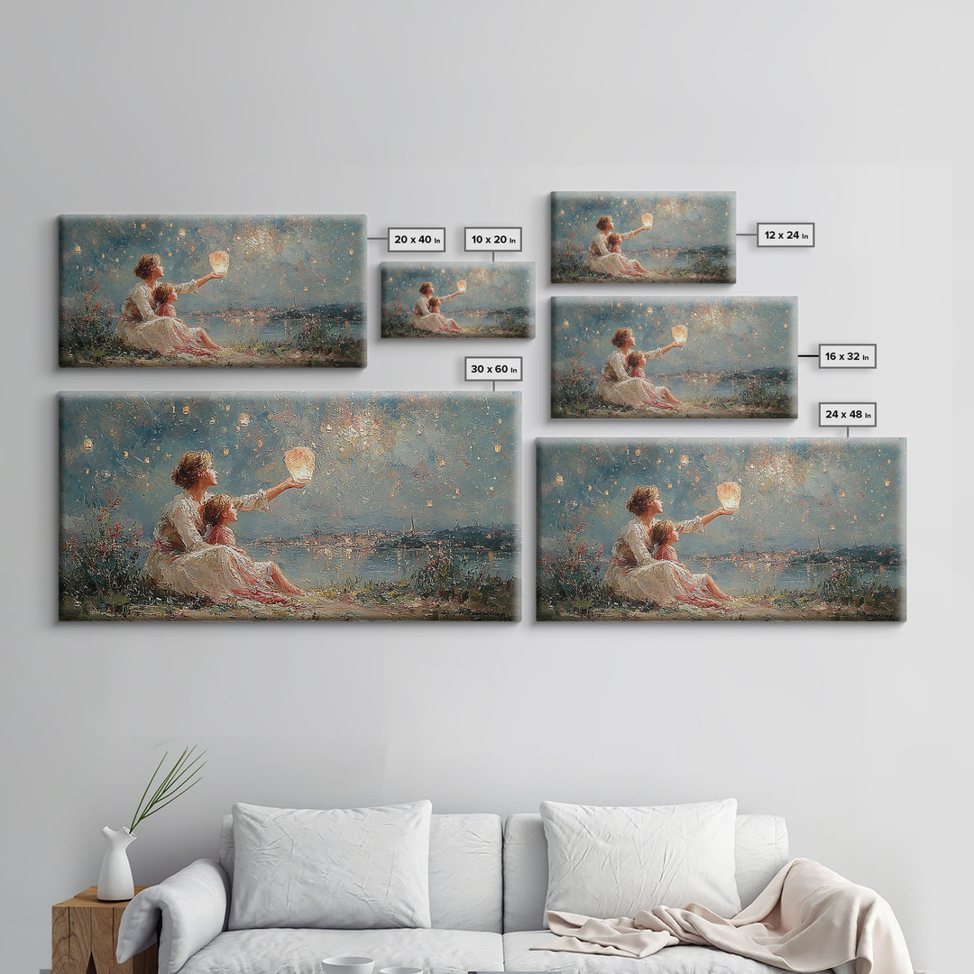 Mother And Child With Lantern By Moonlit Lake Framed Canvas Print, Impressionist Wall Art For Nursery And Coastal Decor Gift