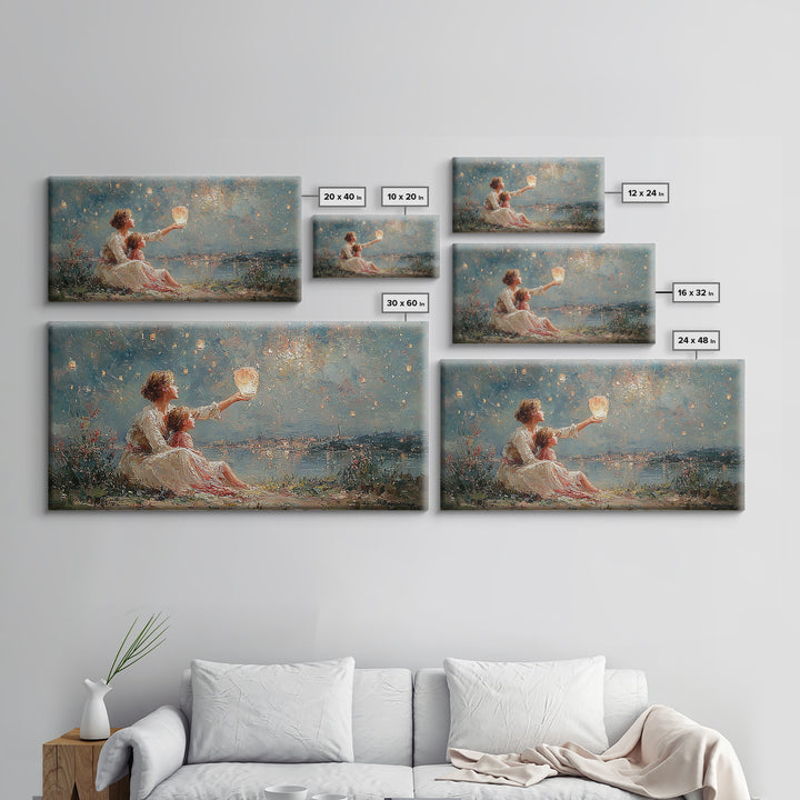 Mother And Child With Lantern By Moonlit Lake Framed Canvas Print, Impressionist Wall Art For Nursery And Coastal Decor Gift