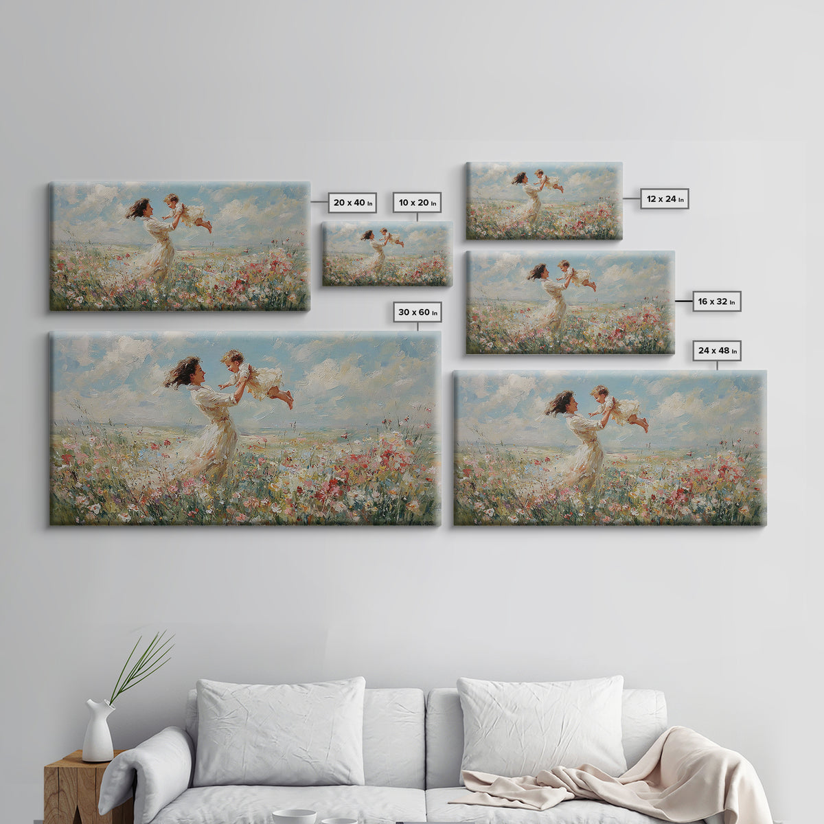 Mother Lifting Baby In Breezy Flower Field Canvas Print, Impressionist Wall Art For Nursery, Bedroom Decor, And Gift For Her