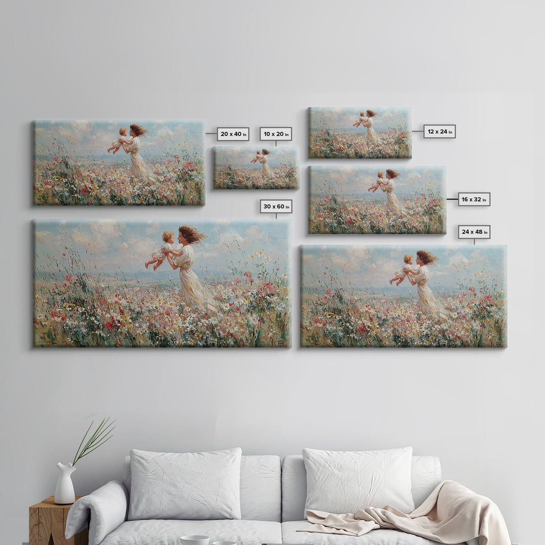 Mother Holding Baby In Seaside Wildflower Meadow Wall Art, Coastal Canvas Print For Nursery Decor And Mothers Day Gift For Her