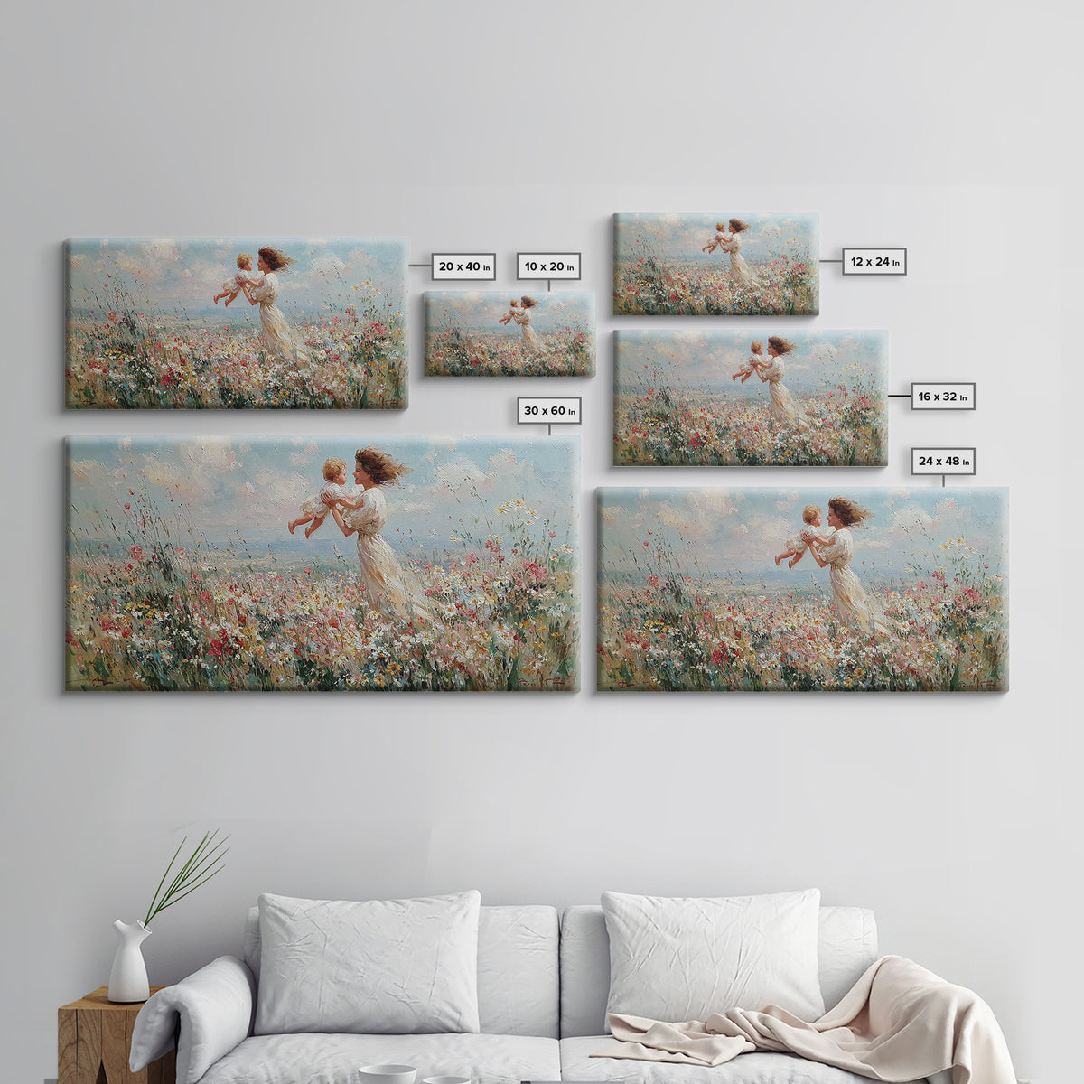 Mother Holding Baby In Seaside Wildflower Meadow Wall Art, Coastal Canvas Print For Nursery Decor And Mothers Day Gift For Her