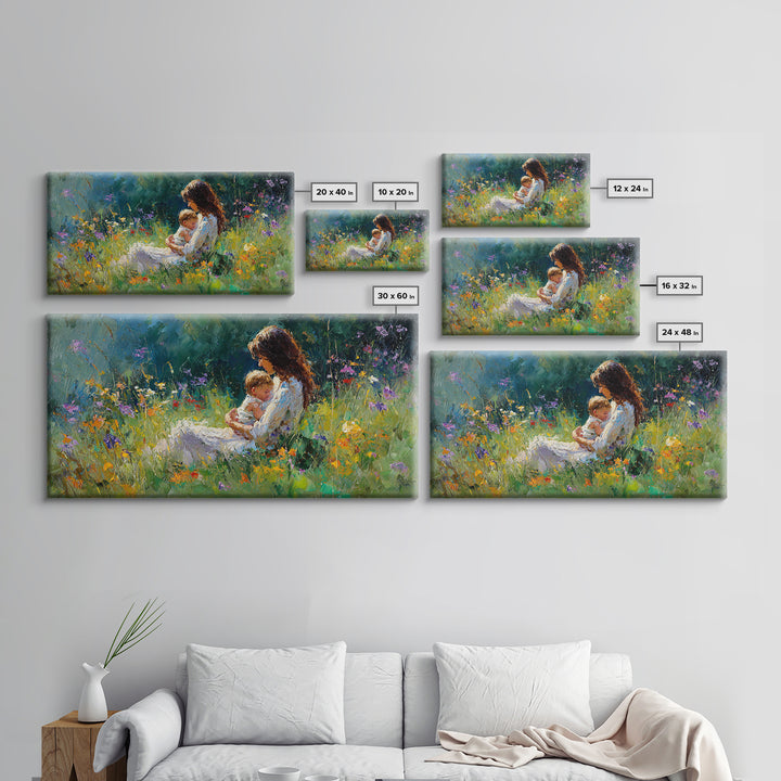 Mother Nursing Baby In Shaded Garden Wildflowers Canvas Print, Impressionist Wall Art For Nursery Decor And Nature Lover Gift
