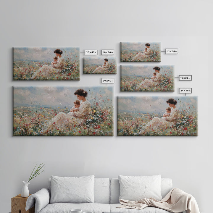 Seated Mother Nursing Baby In Meadow Wildflowers Framed Canvas Print, Impressionist Wall Art For Nursery And Bedroom Decor