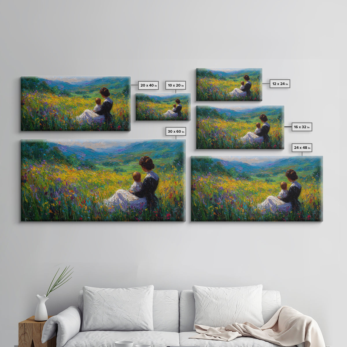Mother And Child In Wildflower Mountain Meadow Wall Art, Impressionist Landscape, Nursery Decor, Gift For Mom, Living Room Decor