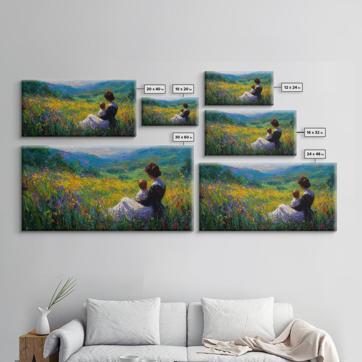 Mother And Child In Wildflower Mountain Meadow Wall Art, Impressionist Landscape, Nursery Decor, Gift For Mom, Living Room Decor