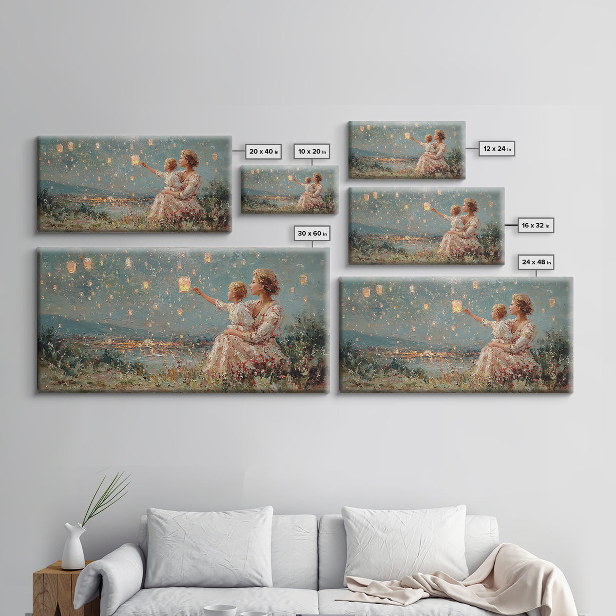 Mother And Child Sky Lanterns Over Lake Wall Art, Dreamy Night Landscape, Romantic Decor, Gift For Mom, Bedroom Wall Art