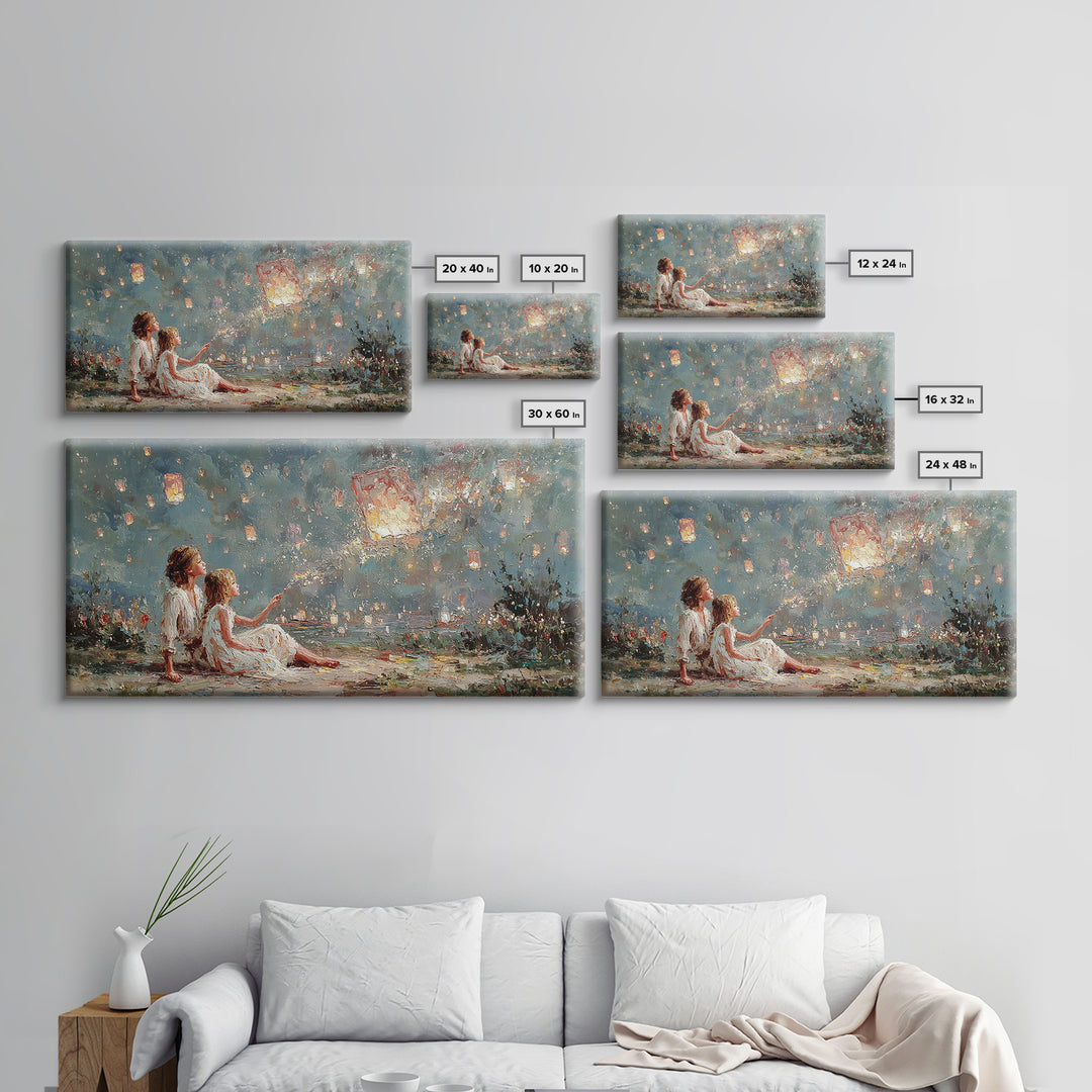 Children Launching Glowing Sky Lanterns Canvas Print, Magical Lake Wall Art, Whimsical Decor, Nursery Art, Gift For Her, Bedroom Decor