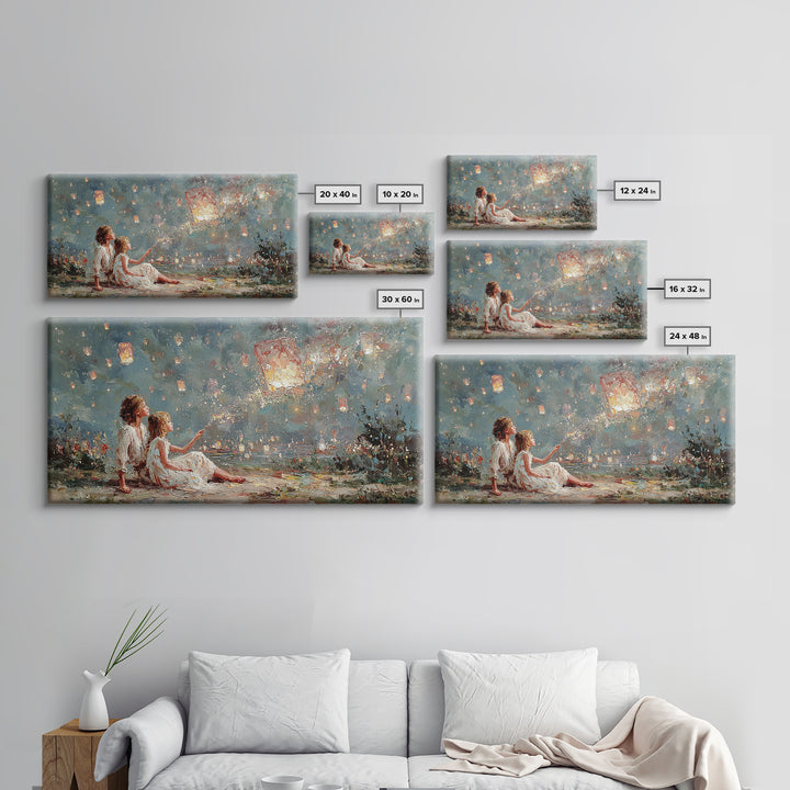 Children Launching Glowing Sky Lanterns Canvas Print, Magical Lake Wall Art, Whimsical Decor, Nursery Art, Gift For Her, Bedroom Decor