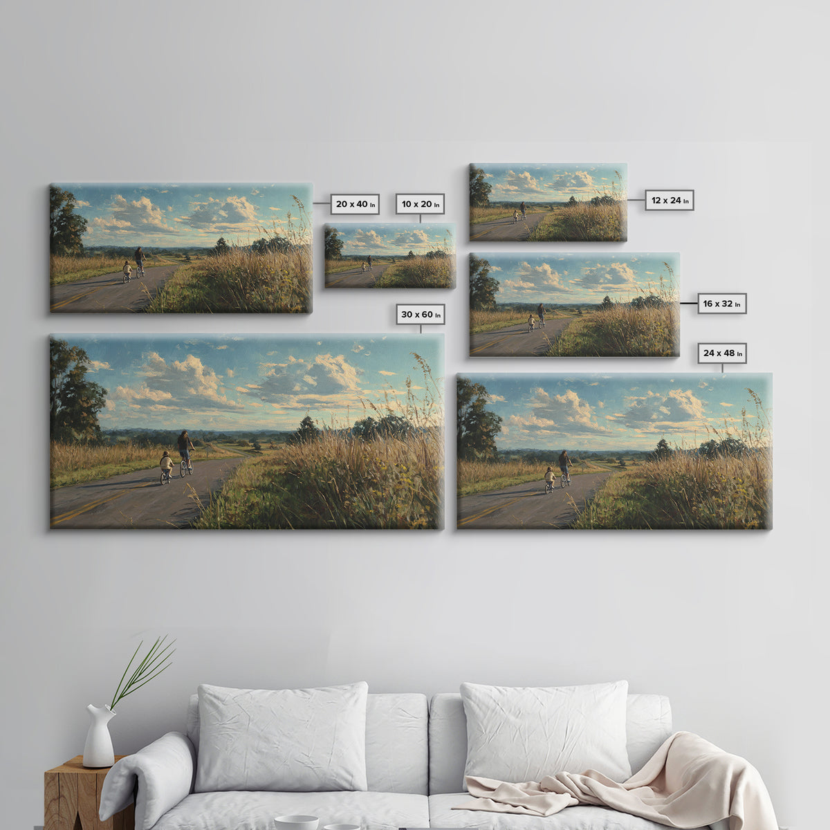 Country Road Bike Ride With Child, Golden Meadow Landscape Wall Art, Family Home Decor, Living Room Art, Housewarming Gift