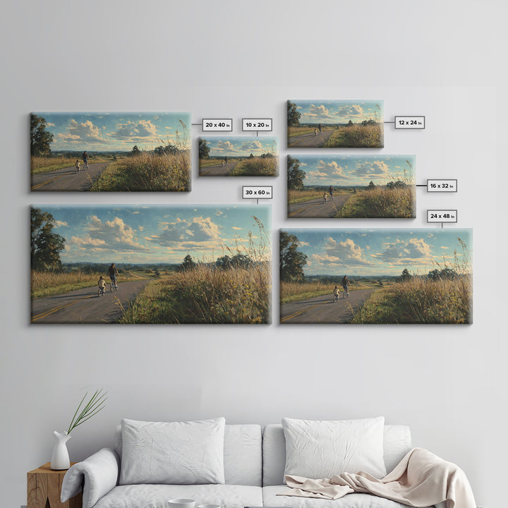 Country Road Bike Ride With Child, Golden Meadow Landscape Wall Art, Family Home Decor, Living Room Art, Housewarming Gift