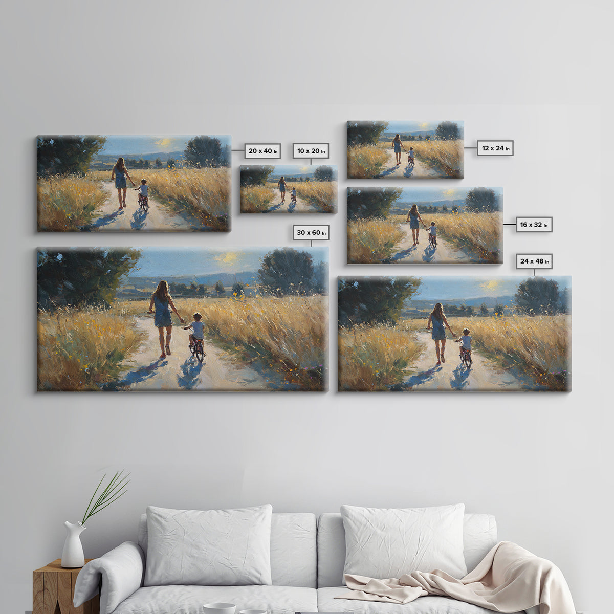 Mother Walking Child With Bicycle Through Golden Fields Canvas Print, Country Landscape Wall Art, Family Living Room Decor