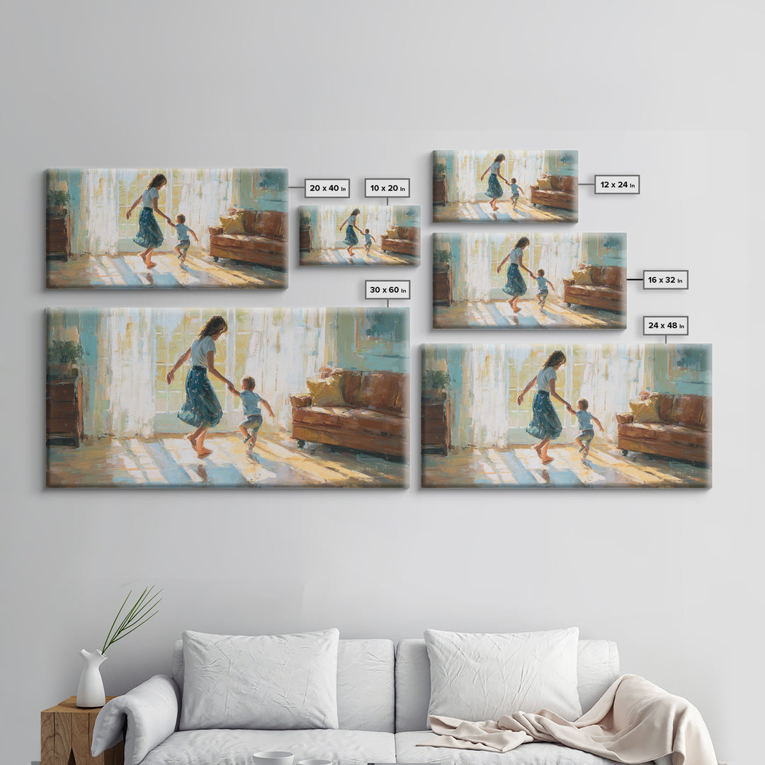 Mother And Toddler Dancing In Sunlit Living Room Canvas Print, Warm Family Wall Art, Cozy Home Decor, Gift For Her, Bedroom Decor