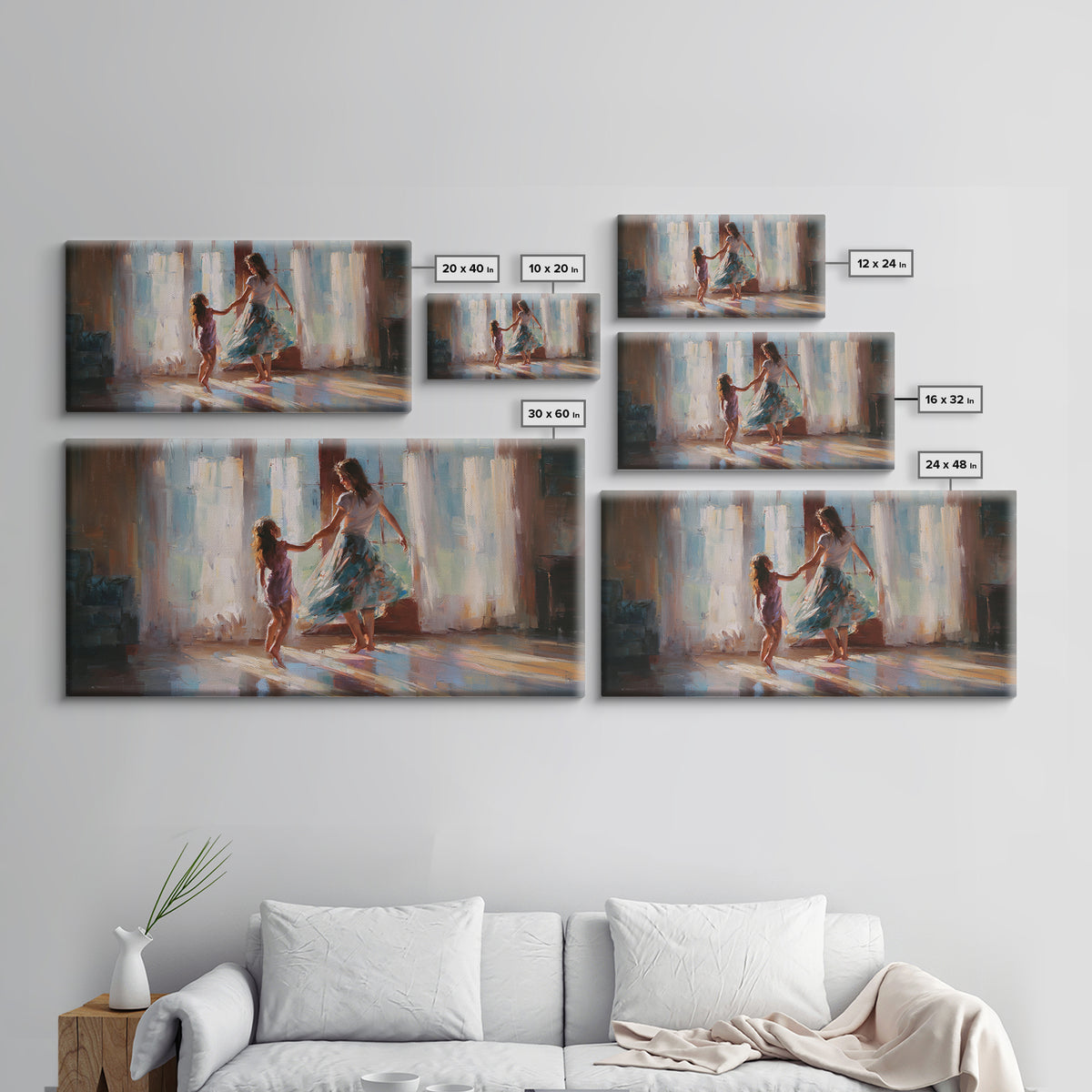 Mother And Daughter Dancing By Bright Windows Framed Canvas Print, Sunlit Family Wall Art, Feminine Home Decor Gift, Living Room Decor