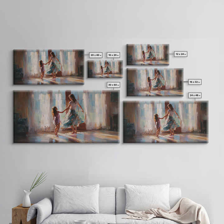 Mother And Daughter Dancing By Bright Windows Framed Canvas Print, Sunlit Family Wall Art, Feminine Home Decor Gift, Living Room Decor