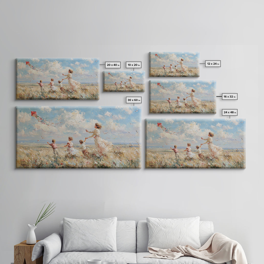 Mother And Children Flying Kite Canvas Print, Coastal Meadow Wall Art, Impressionist Family Decor, Beach House Gift For Mom