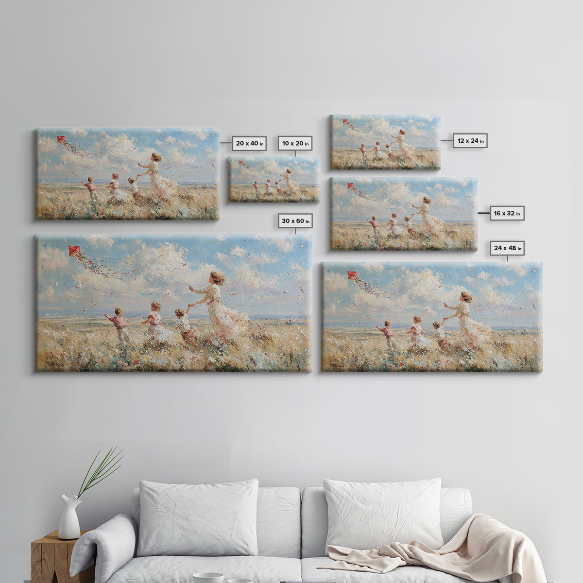 Mother And Children Flying Kite Canvas Print, Coastal Meadow Wall Art, Impressionist Family Decor, Beach House Gift For Mom