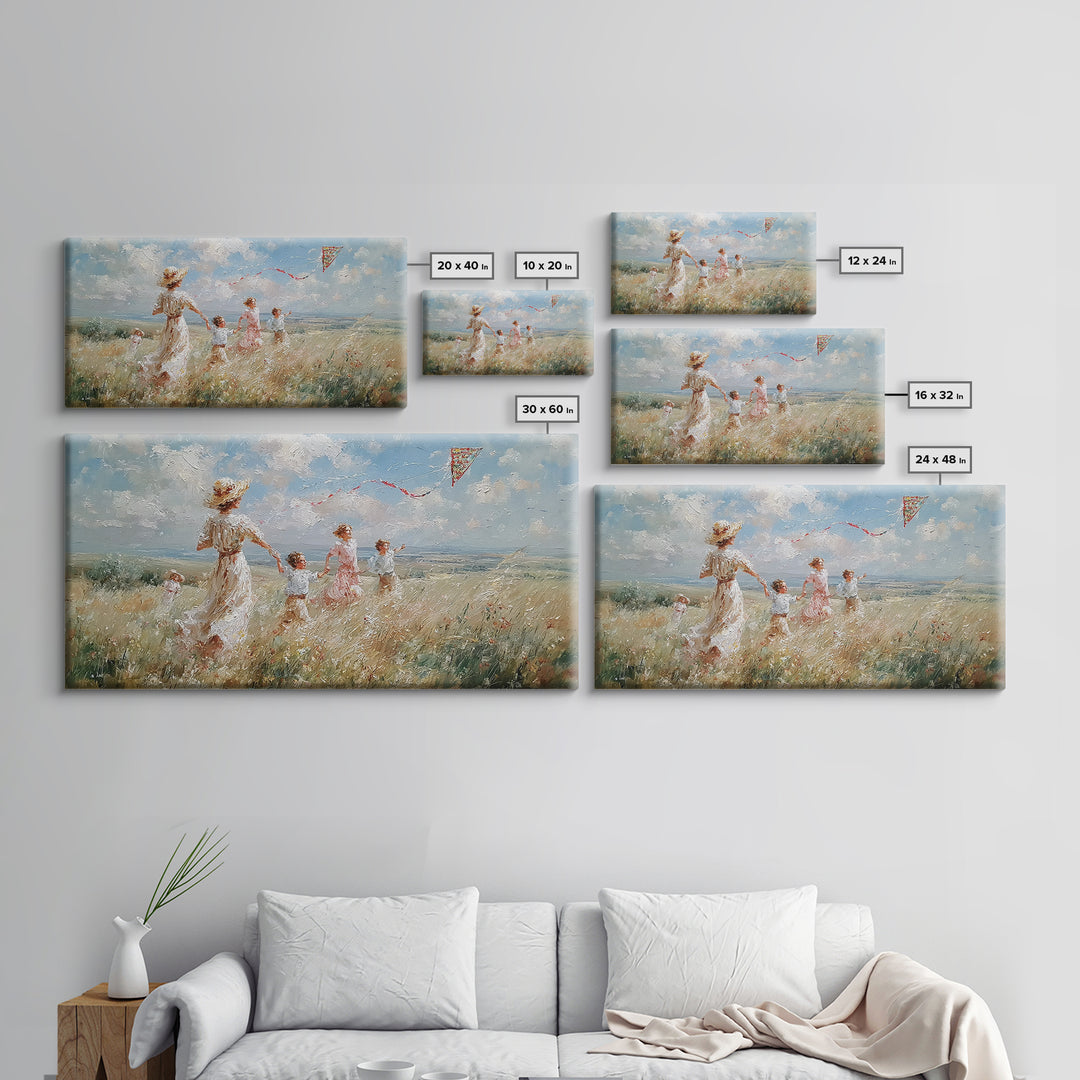 Woman And Children Run With Kite Canvas Print, Windy Meadow Wall Art, Coastal Landscape Art, Nursery Decor, Gift For Mom