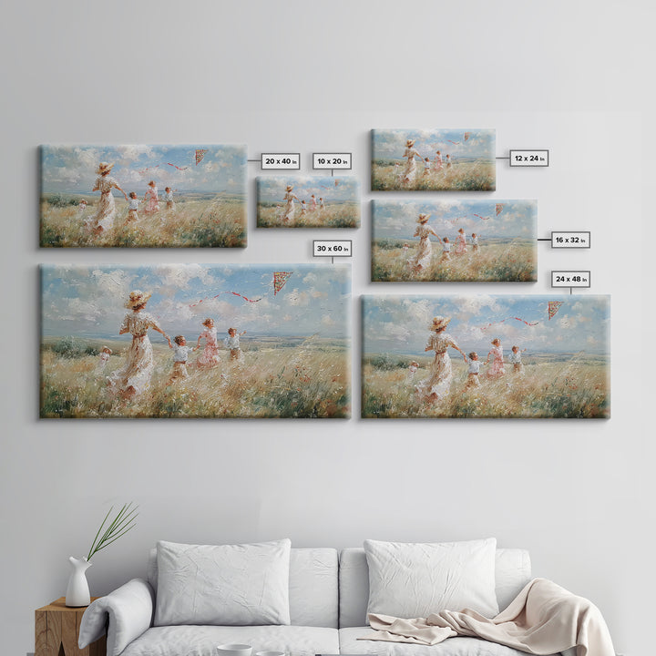 Woman And Children Run With Kite Canvas Print, Windy Meadow Wall Art, Coastal Landscape Art, Nursery Decor, Gift For Mom