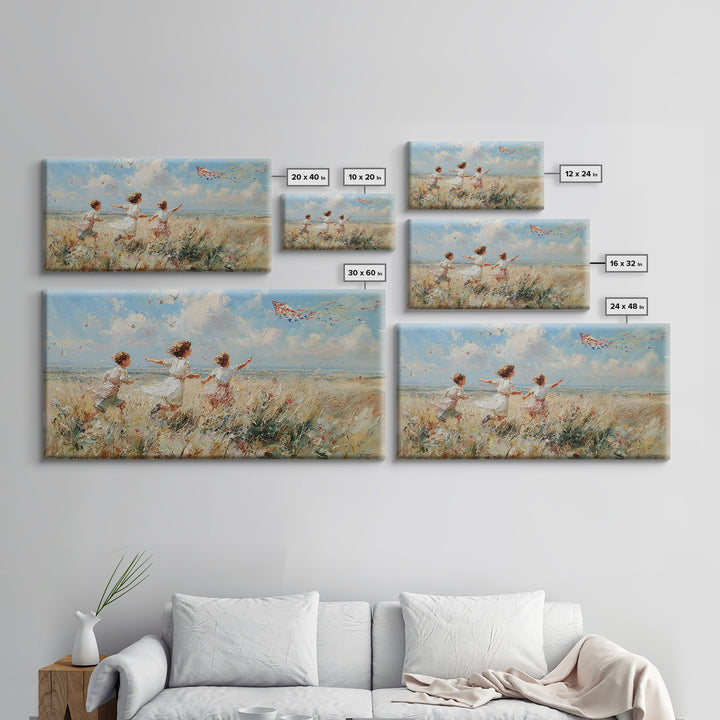 Children Running Through Meadow Canvas Print, Kite Flying Wall Art, Impressionist Landscape, Playroom Decor, Gift For Her