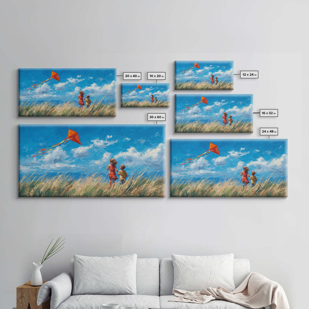 Two Children Flying Red Kite Canvas Print, Bright Blue Sky Wall Art, Summer Meadow Decor, Kids Room Art, Gift For Mom, Home Decor