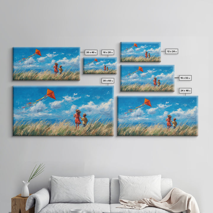 Two Children Flying Red Kite Canvas Print, Bright Blue Sky Wall Art, Summer Meadow Decor, Kids Room Art, Gift For Mom, Home Decor