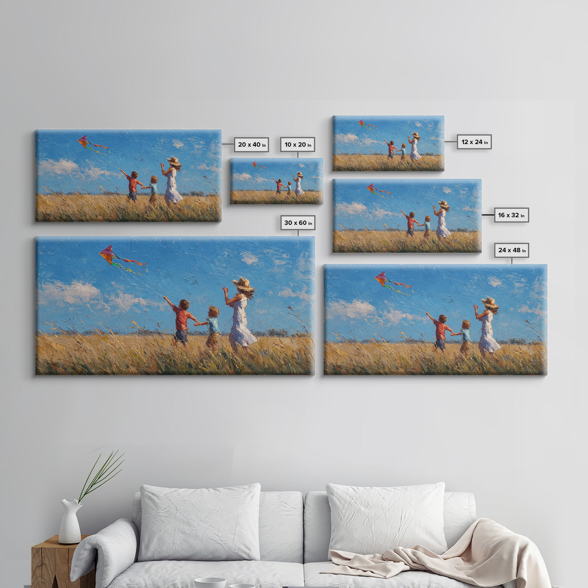 Mother And Sons Flying Kite Canvas Print, Sunny Grassland Wall Art, Family Home Decor, Nursery Art, Housewarming Gift For Mom