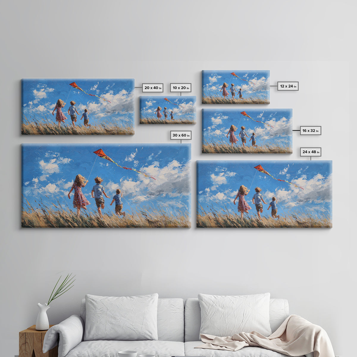 Three Children Chase Red Kite Canvas Print, Breezy Summer Field Wall Art, Kids Room Decor, Coastal Landscape Gift For Her