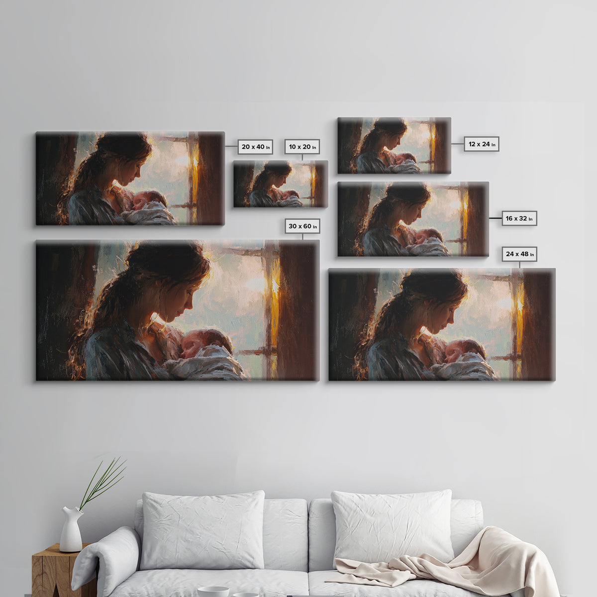 Mother Nursing Baby By Window Canvas Print, Warm Newborn Wall Art, Moody Nursery Decor, Gift For Her, Bedroom Wall Decor