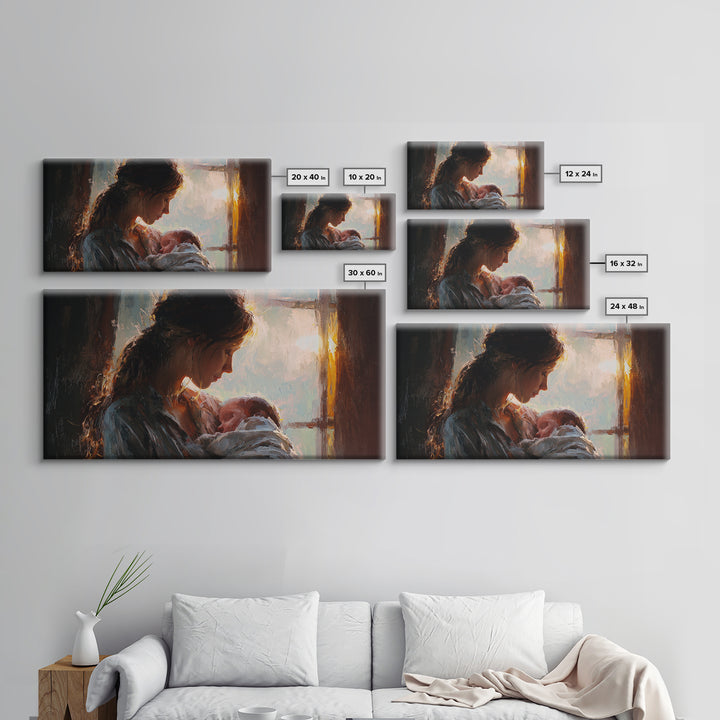 Mother Nursing Baby By Window Canvas Print, Warm Newborn Wall Art, Moody Nursery Decor, Gift For Her, Bedroom Wall Decor