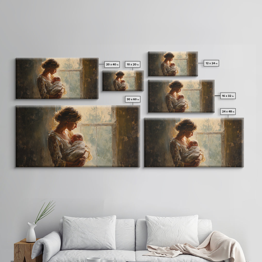 Mother Holding Newborn By Window Canvas Print, Tender Nursery Wall Art, Warm Bedroom Decor, Baby Shower Gift For Mom, Home Decor