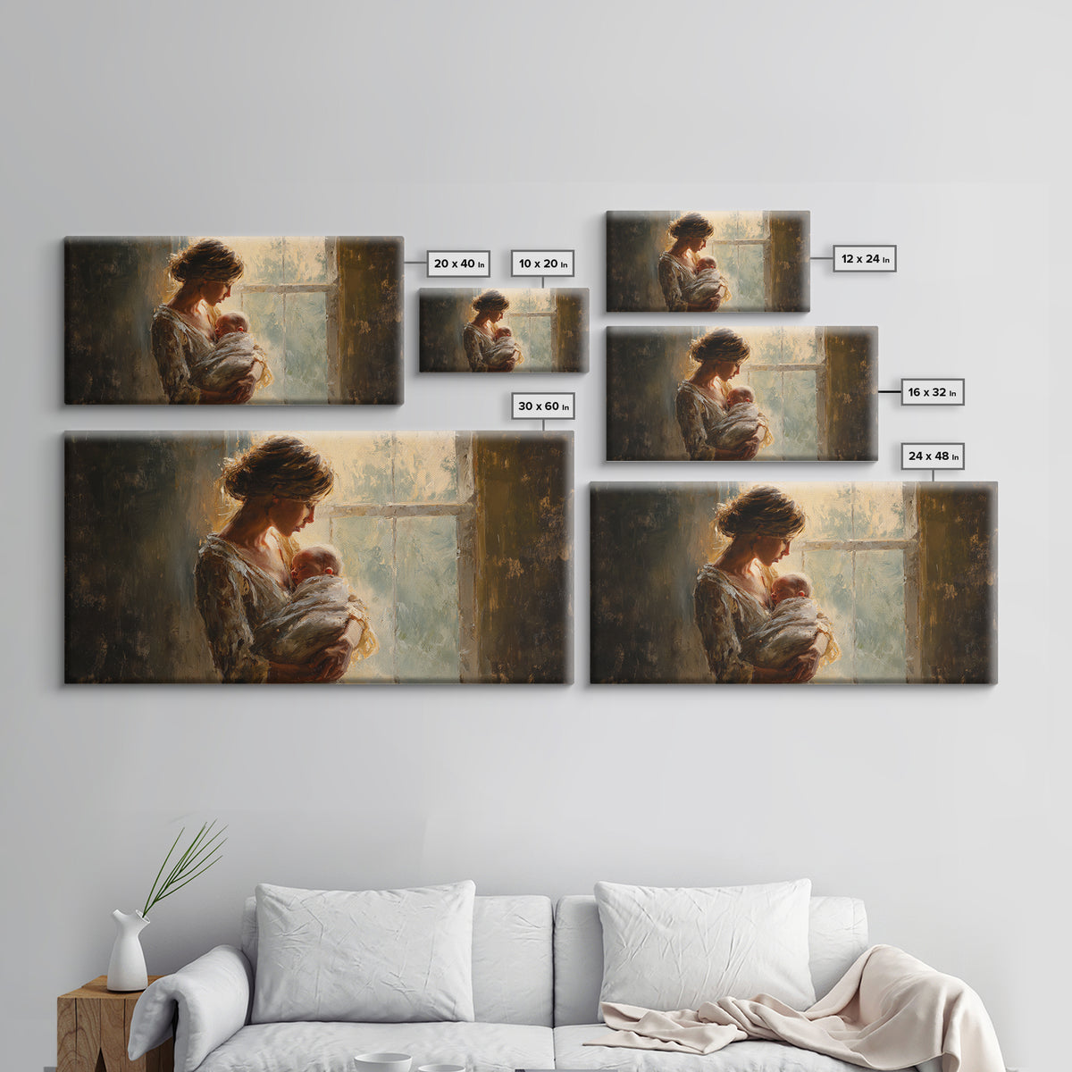Mother Holding Newborn By Window Canvas Print, Tender Nursery Wall Art, Warm Bedroom Decor, Baby Shower Gift For Mom, Home Decor