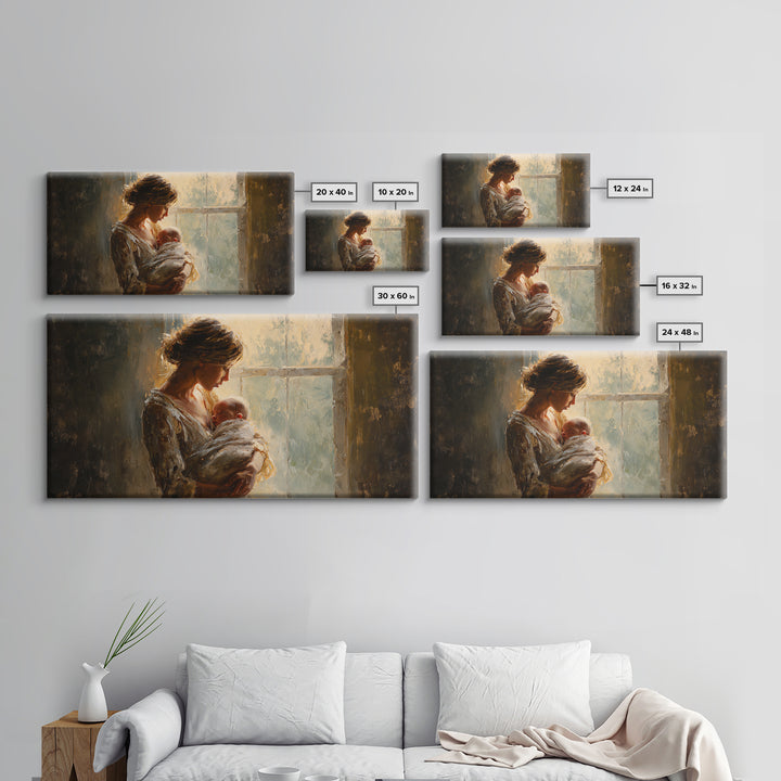 Mother Holding Newborn By Window Canvas Print, Tender Nursery Wall Art, Warm Bedroom Decor, Baby Shower Gift For Mom, Home Decor