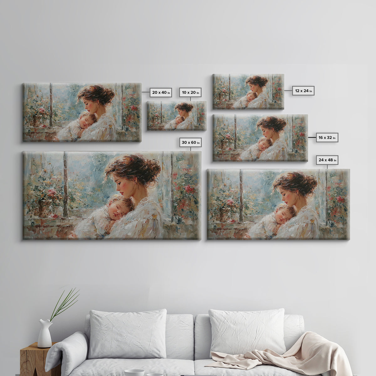 Tender Mother And Baby By Rainy Window Canvas Print, Impressionist Nursery Wall Art, Floral Bedroom Decor, New Mom Gift, Home Decor