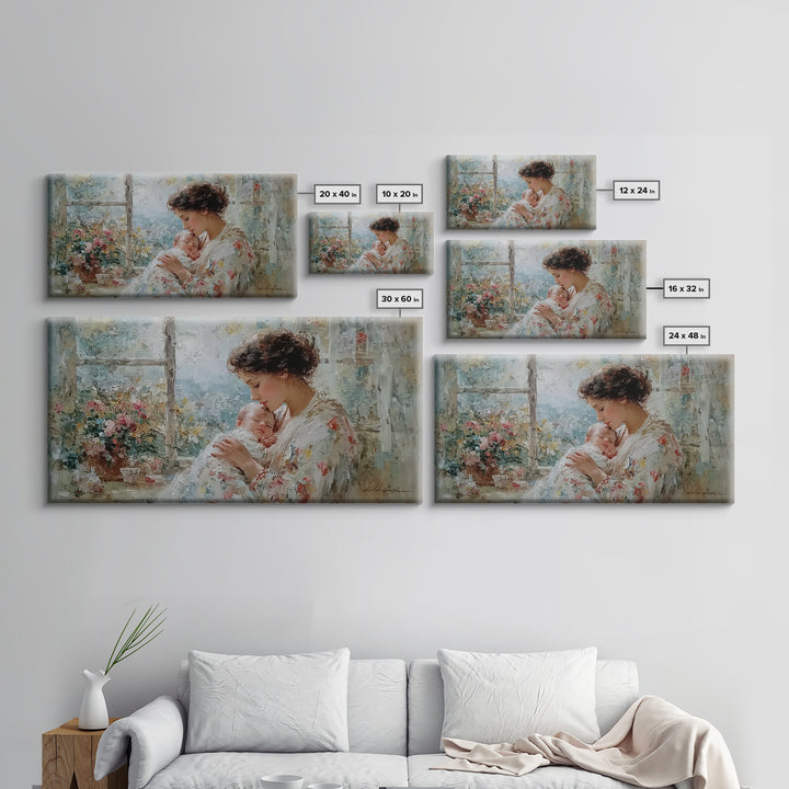 Mother Kissing Newborn By Garden Window Framed Canvas Print, Impressionist Nursery Wall Art, Floral Home Decor Gift For Her