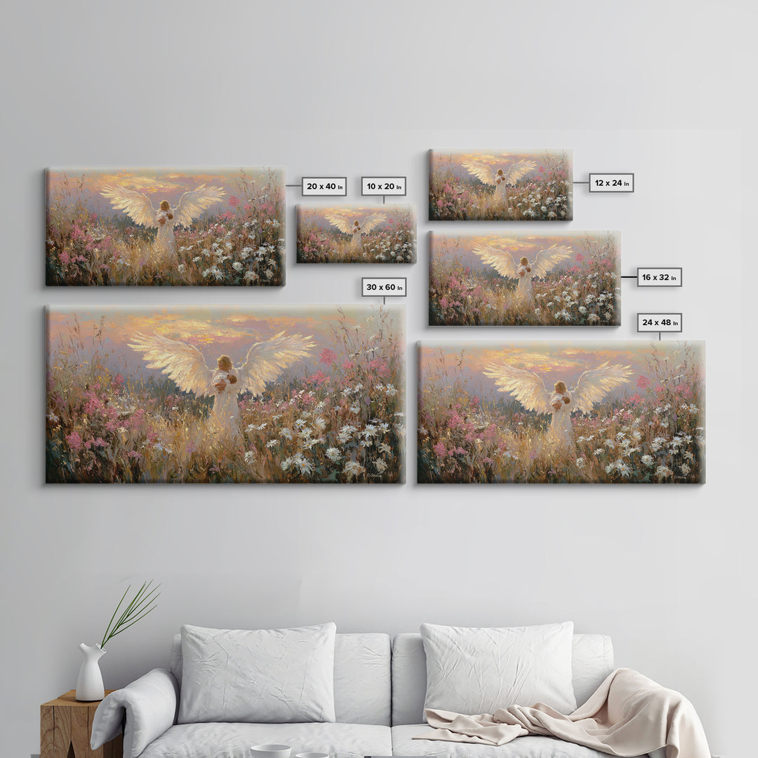 Glowing Guardian Angel Holding Baby At Sunset Canvas Print, Spiritual Wall Art, Wildflower Meadow Decor, Christian Gift Idea