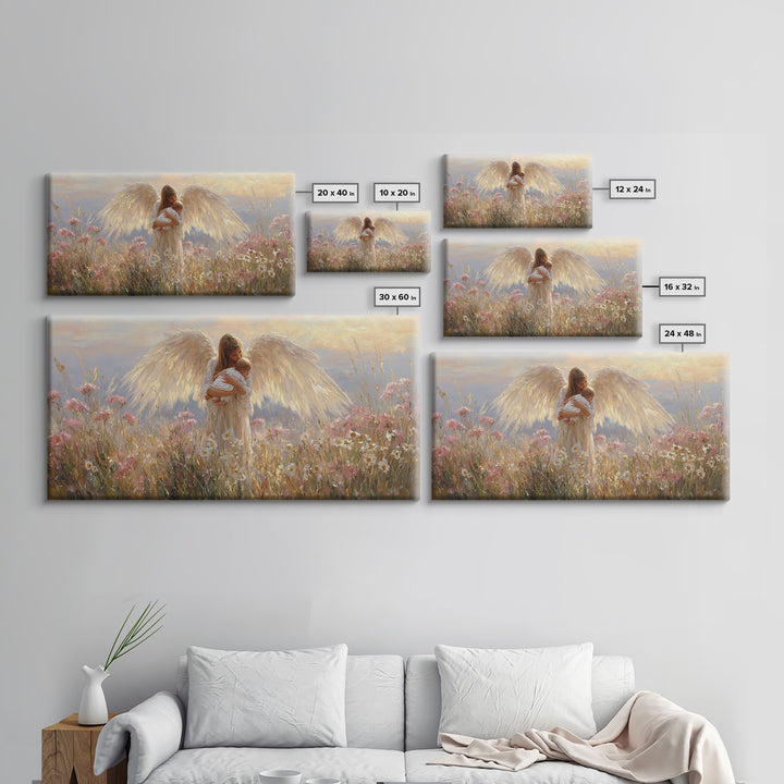 Radiant Angel Cradling Infant In Wildflower Field Canvas Print, Christian Wall Art, Spiritual Nursery Decor, Baby Shower Gift