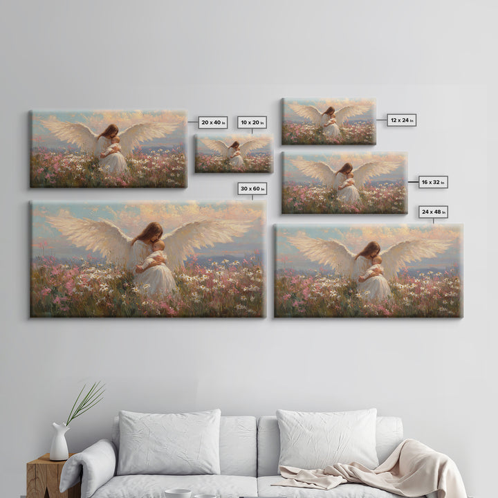 Angel Mother Nursing Baby Among Wildflowers Framed Canvas Print, Spiritual Wall Art, Christian Nursery Decor, Gift For Mom