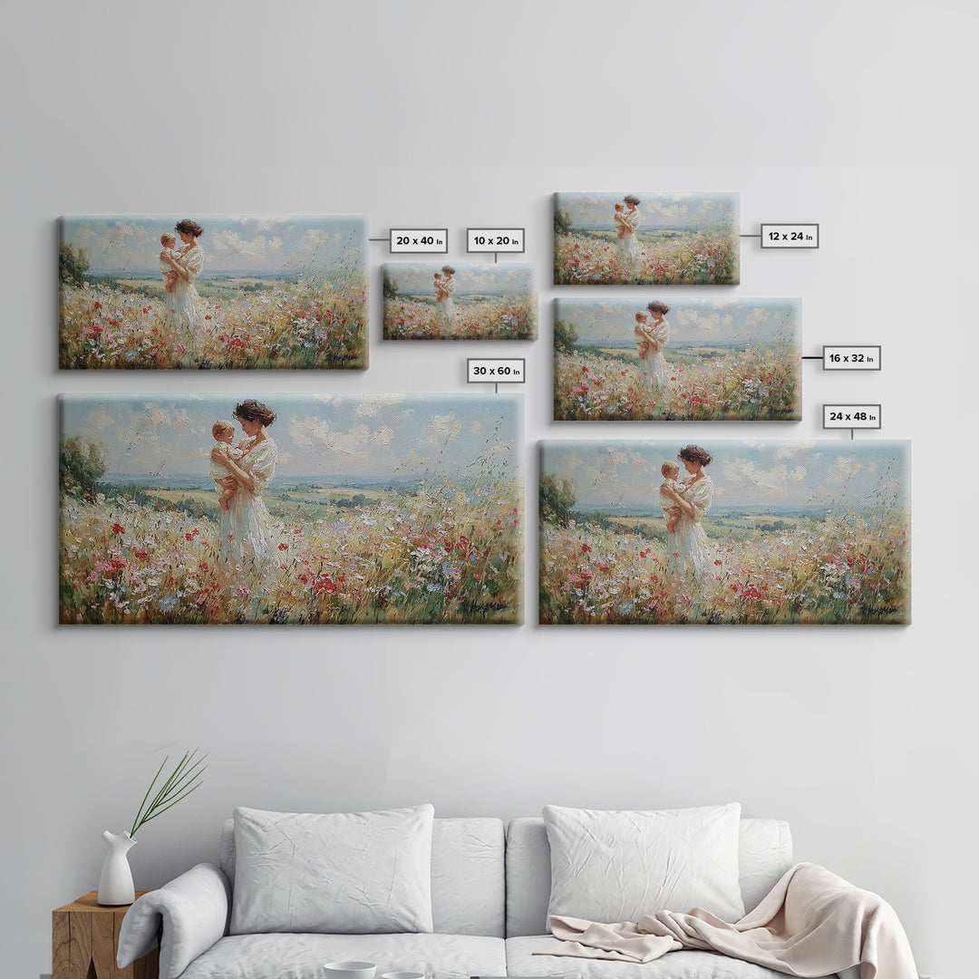Mother And Toddler In Blooming Meadow Canvas Print, Impressionist Wall Art, Floral Nursery Decor, Living Room Wall Art Print