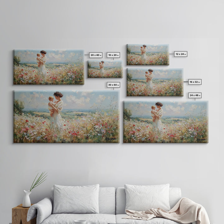 Mother And Toddler In Blooming Meadow Canvas Print, Impressionist Wall Art, Floral Nursery Decor, Living Room Wall Art Print