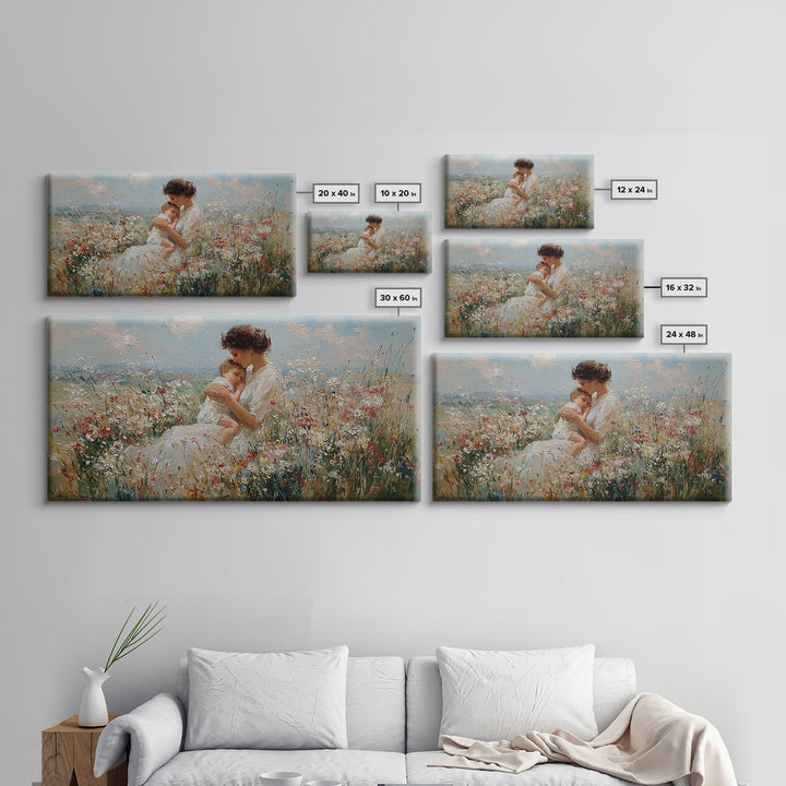 Seated Mother Holding Sleeping Child In Flower Field Canvas Print, Impressionist Wall Art, Nursery Decor, Housewarming Gift