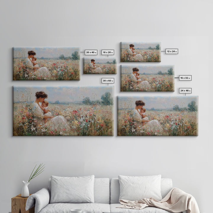 Mother And Baby Resting In Wildflower Meadow Framed Canvas Print, Impressionist Wall Art, Floral Nursery Decor, Gift For Her
