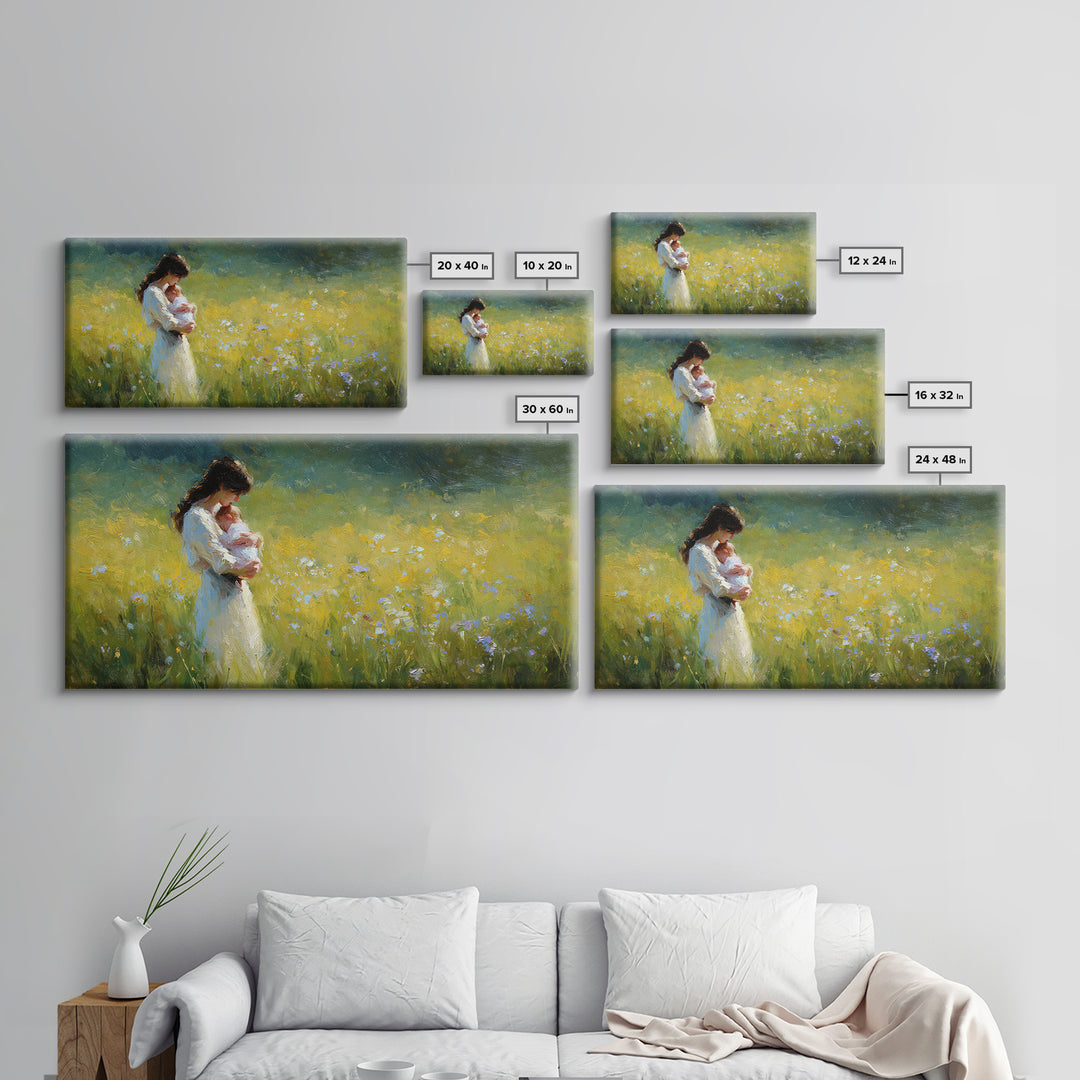 Mother Holding Newborn In Sunny Wildflower Field Framed Canvas Print, Impressionist Wall Art, Nursery Decor, Gift For Mom