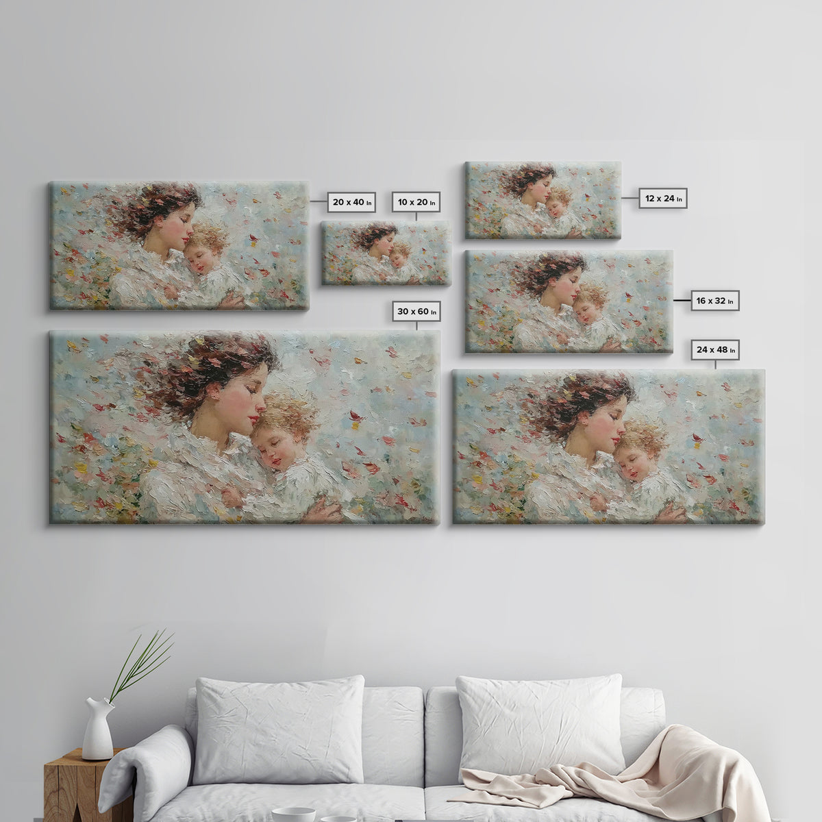 Windblown Mother And Sleeping Child With Petals Canvas Print, Feminine Wall Art, Impressionist Nursery Decor, Gift For Her