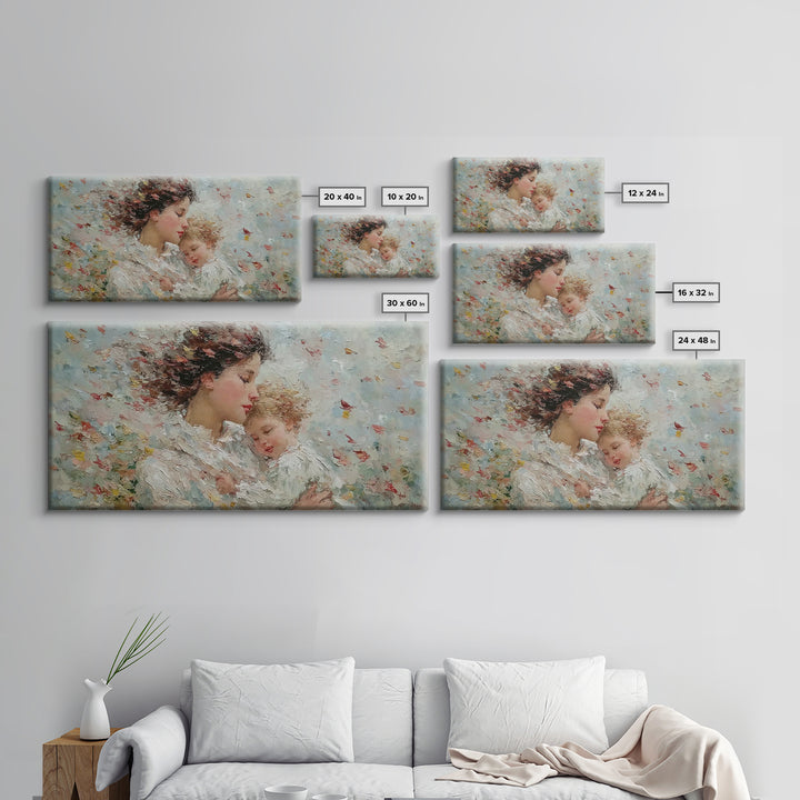 Windblown Mother And Sleeping Child With Petals Canvas Print, Feminine Wall Art, Impressionist Nursery Decor, Gift For Her